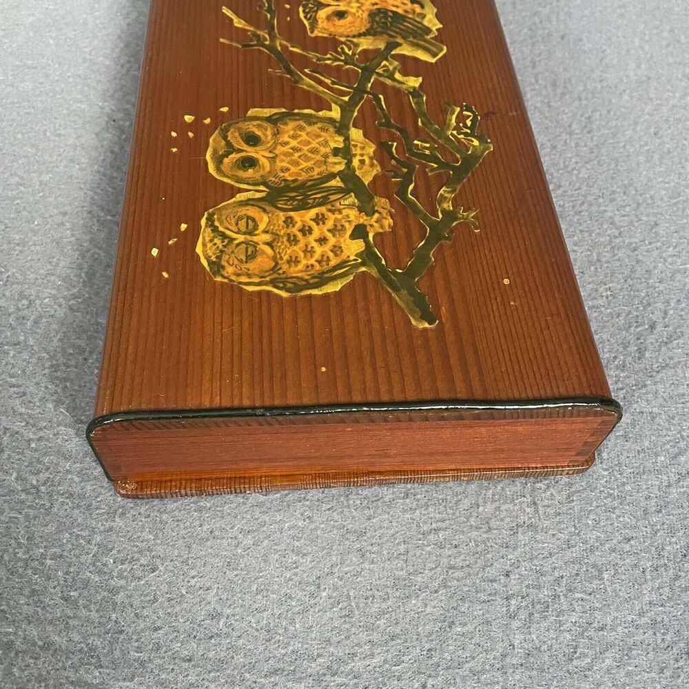 Vintage Wood Box Owl Illustrated Decoupage w/ Yellow White Interior - Picture 6 of 12